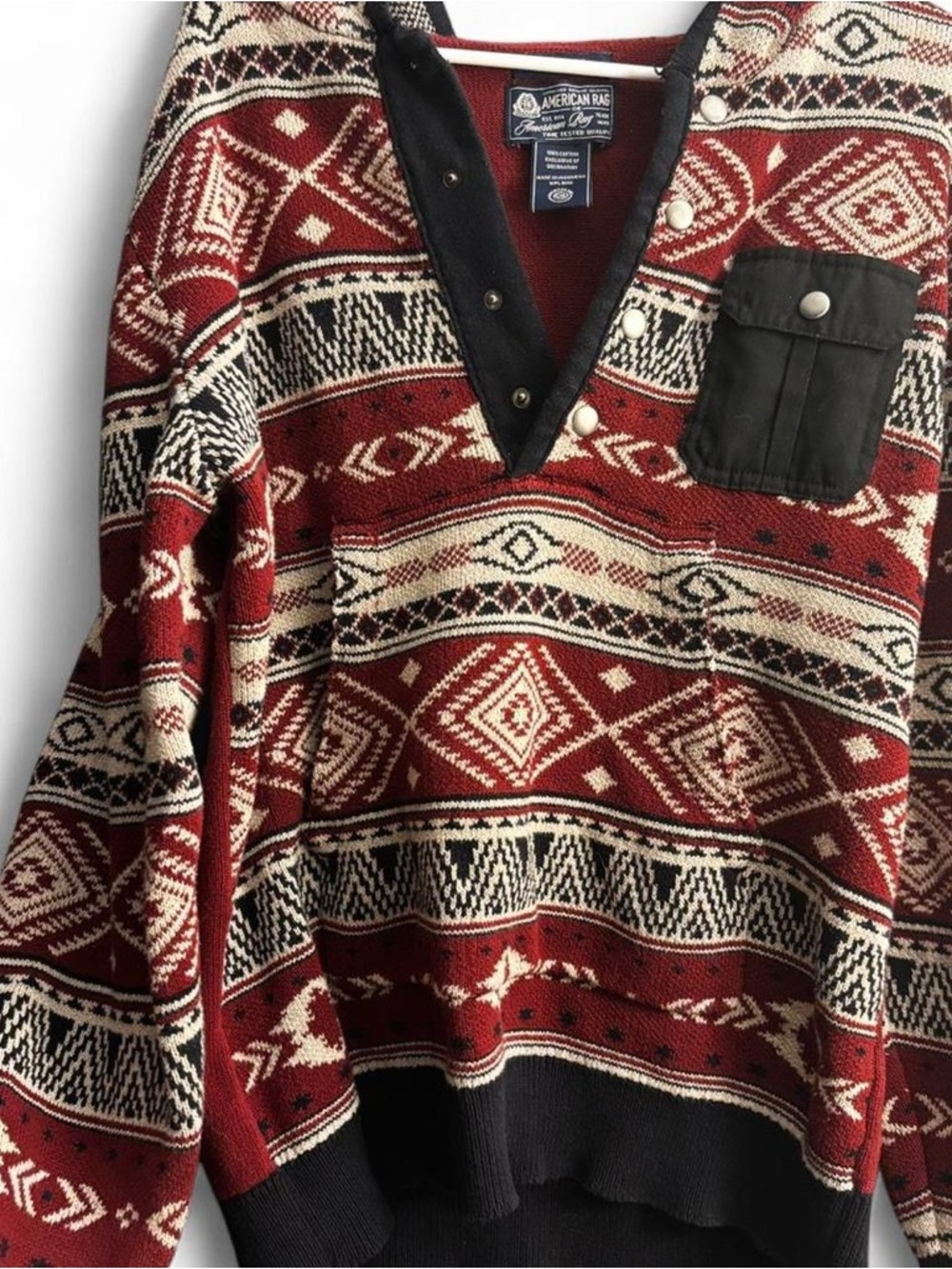 American Rag Red Aztec V-Neck Hoodie, Men or Women’s Medium